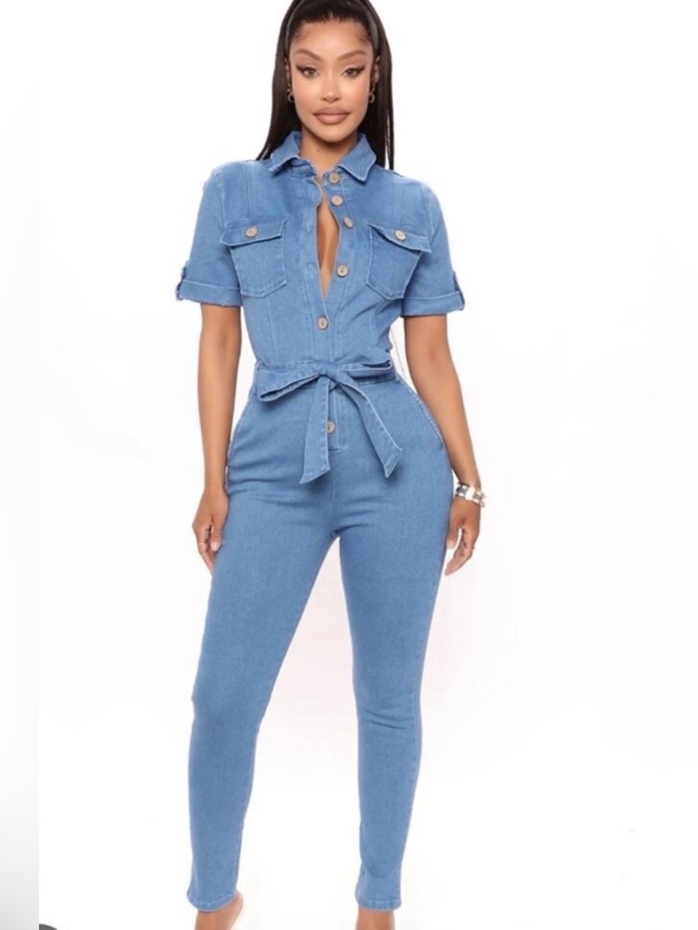 Haute Monde Light Blue Denim Jumpsuit with Tie Waist